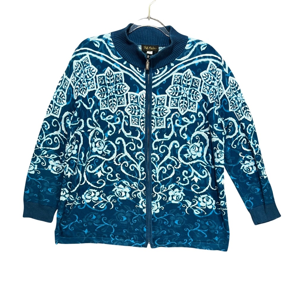 Bob Mackie Wearable Art Teal Floral Damask Full Zip Cardigan Sweater 1X Coastal